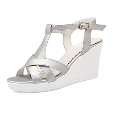 Women's Shoes Leatherette Wedge Heel Wedges Sandals Wedding / Party & Evening / Dress / Casual White / Silver